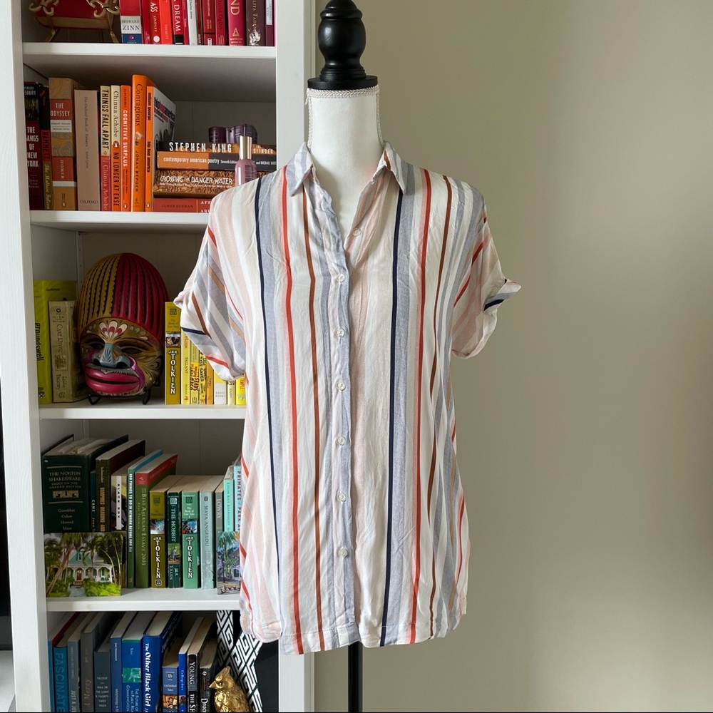 Lulu's White Striped Button-Down Shirt with Rust, Navy & Gray Stripes - Picture 2 of 5